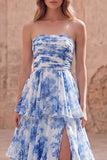 Strapless Tiered White Blue Floral A Line Ruffled Prom Dress