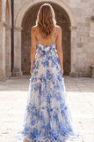 Ruffled White Blue Spaghetti Straps Floral A Line Prom Dress