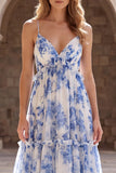 Ruffled White Blue Spaghetti Straps Floral A Line Prom Dress