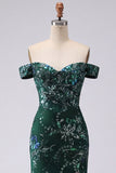 Sparkly Dark Green Off the Shoulder Mermaid Prom Dress with Slit