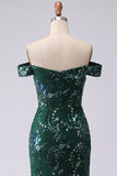 Sparkly Dark Green Off the Shoulder Mermaid Prom Dress with Slit