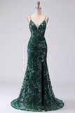 Sparkly Dark Green Appliqued Mermaid Prom Dress with Slit