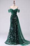 Off the Shoulder Sequin Ruched Dark Green A Line Prom Dress
