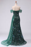 Off the Shoulder Sequin Ruched Dark Green A Line Prom Dress