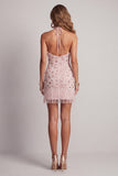 Halter Pink Bodycon Sparkly Mini Homecoming Dress With Fringes
