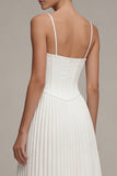 Basque Waist A Line Pleated Midi White Dress