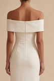 Off the Shoulder Satin Bodycon Midi White Dress