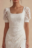 Lace Square Neck Ruched White Dress with Slit