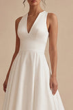 High Low Satin White V Neck Engagement Dress