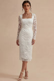 Long Sleeve Appliqued White Bodycon Midi Engagement Dress