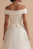 White Off the Shoulder A Line Tulle Midi Engagement Dress