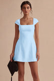 Square Neck A Line Satin Mini White Dress with Cap Sleeves