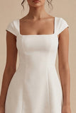 Square Neck A Line Satin Mini White Dress with Cap Sleeves