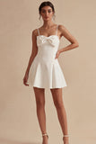Bowed Satin Spaghetti Straps A Line Mini White Dress