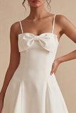 Bowed Satin Spaghetti Straps A Line Mini White Dress