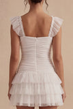 Tiered Square Neck Ruched Ruffled Mini White Dress
