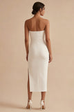 Strapless Bodycon Midi White Dress with Slit