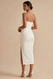 Strapless Bodycon Midi White Dress with Slit