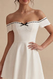 Off the Shoulder A Line Bowed Mini White Dress