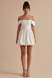 Off the Shoulder A Line Ruched Mini White Dress