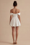 Off the Shoulder A Line Ruched Mini White Dress