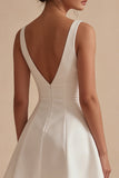 A Line Satin V Neck Mini White Dress