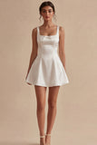 Spaghetti Straps A Line Satin Mini White Dress with Bow