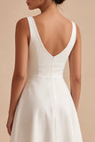 Satin V Neck A Line Midi White Dress