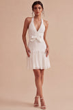 Halter A Line Pleated Mini White Dress with Bow