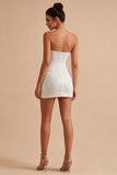 Sparkly Strapless Ruched Corset Bodycon Mini White Dress