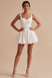 Spaghetti Straps A Line Pleated Mini White Dress with Belt