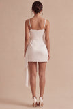 Satin Ruched Bodycon Mini White Dress with Bow
