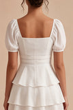 Tiered Square Neck Short Sleeve Mini White Dress