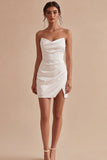 Strapless Ruched Satin Mini White Dress with Slit