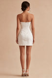 Strapless Ruched Satin Mini White Dress with Slit