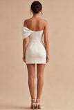 One Shoulder Bowed Satin Bodycon Mini White Dress