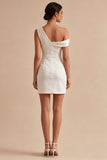 Asymmetrical Neck Ruched Satin Bodycon Mini White Dress