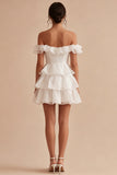 Off the Shoulder Tiered Ruffled Mini White Dress