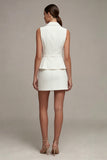 Notched Lapel White 2 Piece Work Dress with Belt