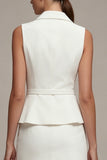 Notched Lapel White 2 Piece Work Dress with Belt