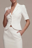 Notched Lapel White 2 Piece Bodycon Midi Work Dress with Short Sleeves