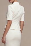 Notched Lapel White 2 Piece Bodycon Midi Work Dress with Short Sleeves