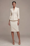 Ivory 2 Piece Single Breasted Bodycon Midi Work Dress with 3/4 Sleeves