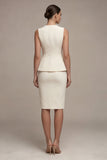Ivory 2 Piece Sleeveless Bodycon V Neck Midi Work Dress