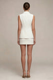 Notched Lapel White 2 Piece Bodycon Pearled Mini Work Dress