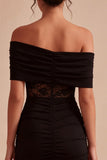 Off the Shoulder Black Lace Ruched Bodycon Mini Dress