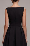 Boat Neck Black A Line Pleated Mini Dress