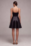 Black Spaghetti Straps A Line Pleated Satin Mini Dress
