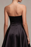 Strapless Black Corset A Line Pleated Satin Mini Dress