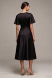 Black A Line Satin Short Sleeve Midi Dress